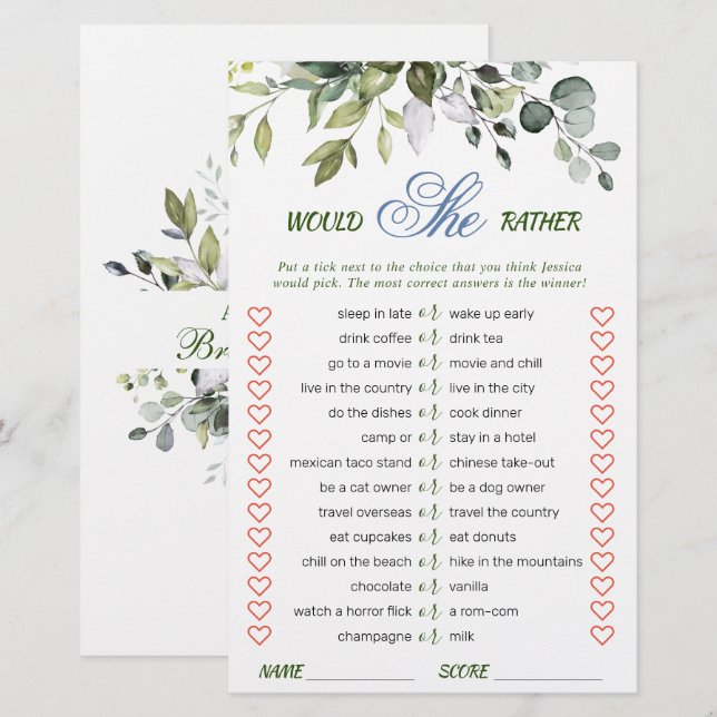 Elegante Eucalyptus Groene Bruidsdouche Spel (Voorkant / Achterkant)