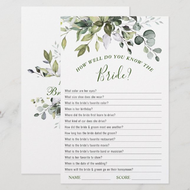 Elegante Eucalyptus Groene Bruiloftsborrel Game (Voorkant / Achterkant)