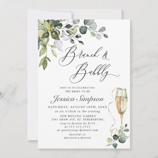 Elegante Eucalyptus Groene Brunch & Mousserende Wi Kaart (Voorkant)