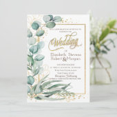 Elegante Eucalyptus Groene Gouden Lijst Bruiloft Kaart (Staand voorkant)