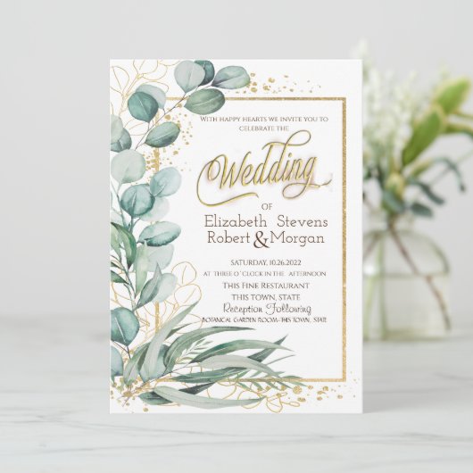 Elegante Eucalyptus Groene Gouden Lijst Bruiloft Kaart (Staand voorkant)