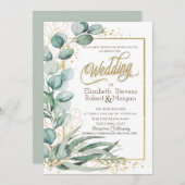 Elegante Eucalyptus Groene Gouden Lijst Bruiloft Kaart (Voorkant / Achterkant)