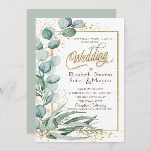 Elegante Eucalyptus Groene Gouden Lijst Bruiloft Kaart (Voorkant / Achterkant)