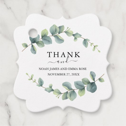 Elegante Eucalyptus Groene Huwelijk Bedankjes Labels (Voorkant)
