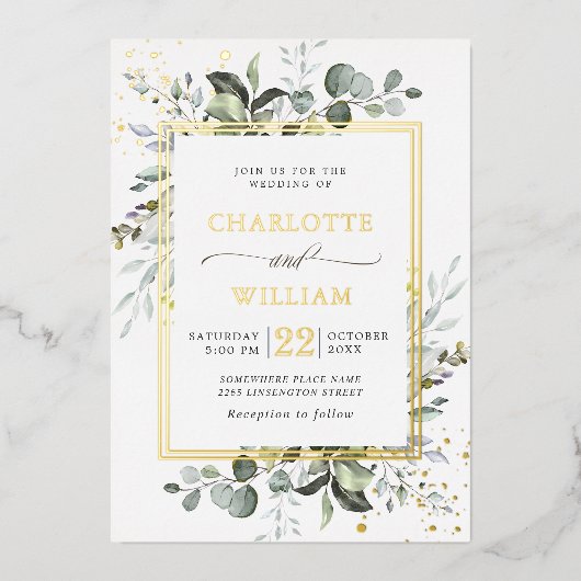 Elegante Eucalyptus Groene Huwelijk Goud Folie Uitnodiging (Voorkant)