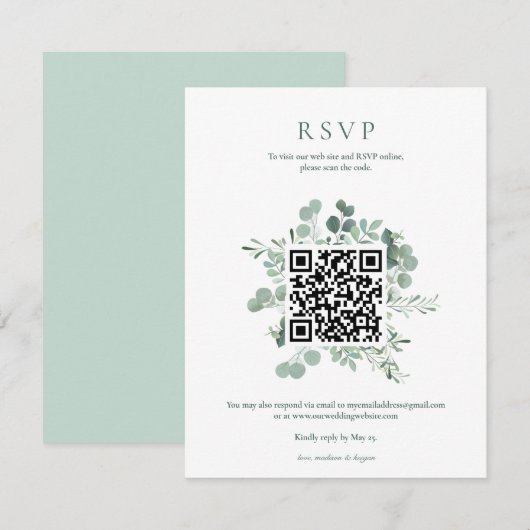 Elegante Eucalyptus Groene Huwelijks-QR-code RSVP Kaart (Voorkant / Achterkant)