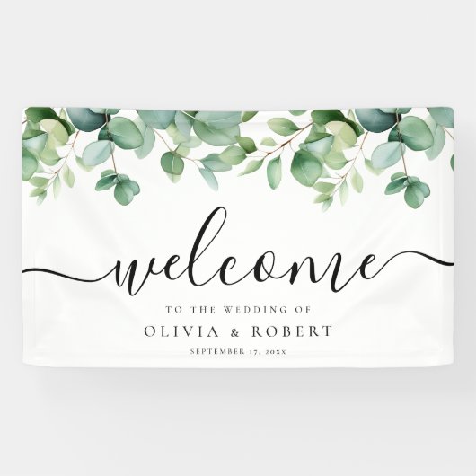 Elegante Eucalyptus Groene Huwelijksbegroeting Spandoek (Horizontaal)