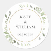 Elegante Eucalyptus Groene Huwelijksgunst Ronde Sticker (Voorkant)
