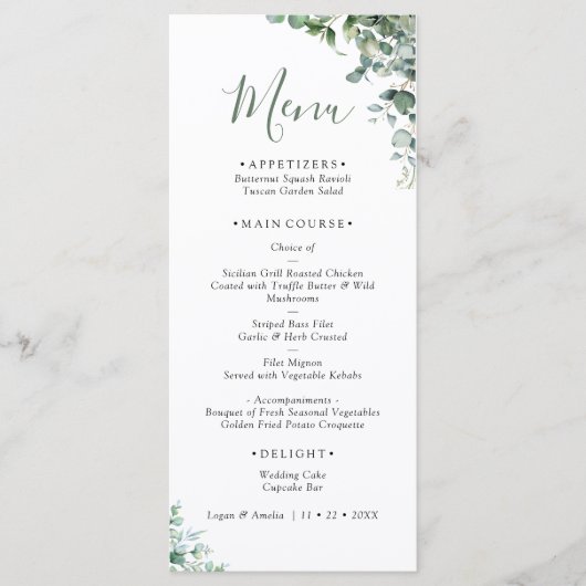 Elegante Eucalyptus Groene Huwelijksmenu Menu (Voorkant)