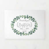 Elegante Eucalyptus Groene Jongens Foto Doop Drieluik Uitnodiging (Cover)