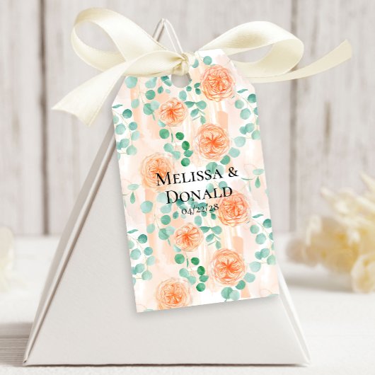 Elegante Eucalyptus Groene Perzik Bloemige Bruilof Cadeaulabel