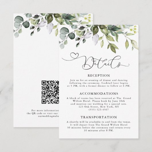 Elegante Eucalyptus Groene QR Code Huwelijk Informatiekaartje (Voorkant / Achterkant)
