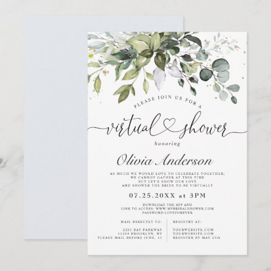 Elegante Eucalyptus Groene virtuele Bruidsdouche Kaart (Voorkant / Achterkant)