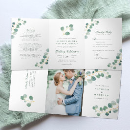 Elegante Eucalyptus Groene Waterverf Bruiloft Drieluik Uitnodiging
