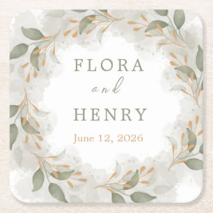 Elegante Eucalyptus Groene Waterverf Bruiloftspapi Kartonnen Onderzetters