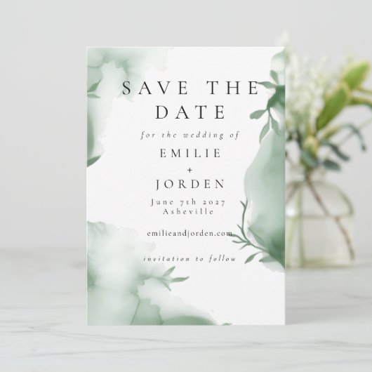 Elegante Eucalyptus Groene Waterverf Trouw Save The Date (Staand voorkant)