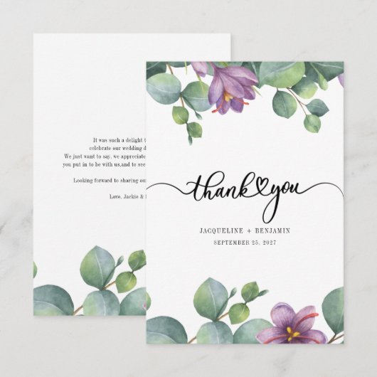 Elegante Eucalyptus handgeschreven bruiloft Bedankkaart (Voorkant / Achterkant)