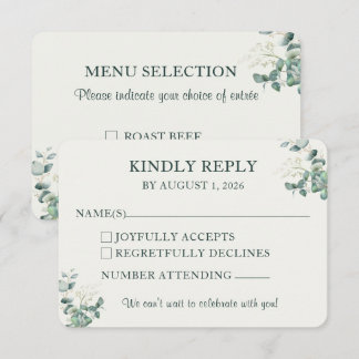 Elegante Eucalyptus Huwelijksreactie met Maaltijdk RSVP Kaartje