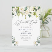 Elegante Eucalyptus Ivoorwitte Rozen Bruiloft Save The Date (Staand voorkant)