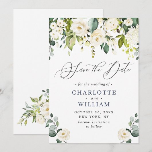Elegante Eucalyptus Ivoorwitte Rozen Bruiloft Save The Date (Voorkant / Achterkant)