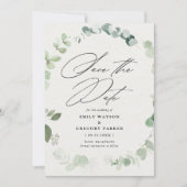 Elegante eucalyptus kalligrafie bruiloft save the date (Voorkant)