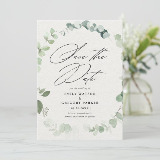 Elegante eucalyptus kalligrafie bruiloft save the date (Staand voorkant)