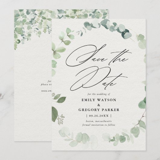 Elegante eucalyptus kalligrafie bruiloft save the date (Voorkant / Achterkant)