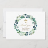 Elegante Eucalyptus Krans Gouden Foto Jongens Doop Bedankkaart (Voorkant)