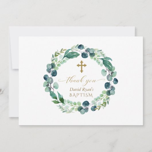 Elegante Eucalyptus Krans Gouden Foto Jongens Doop Bedankkaart (Voorkant)