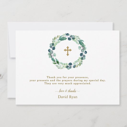 Elegante Eucalyptus Krans Gouden Foto Jongens Doop Bedankkaart (Achterkant)