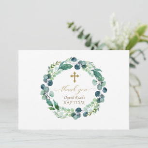 Elegante Eucalyptus Krans Gouden Foto Jongens Doop Bedankkaart