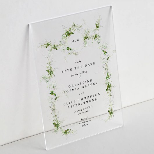 Elegante eucalyptus krans monogram Save the date Acryl Uitnodigingen