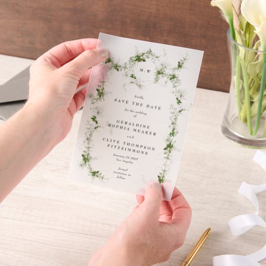 Elegante eucalyptus krans monogram Save the date Vellum Uitnodigingen (Draagbaar)