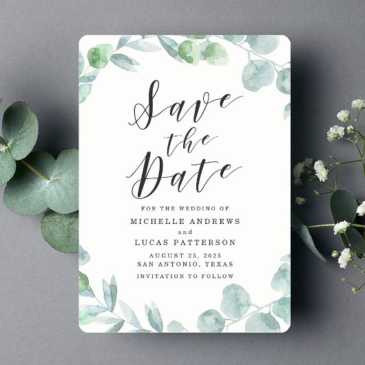 Elegante Eucalyptus Krans Save the Date Kaart