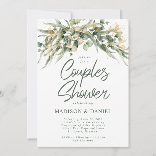 Elegante eucalyptus laat koppels doucheuitnodiging kaart (Voorkant)