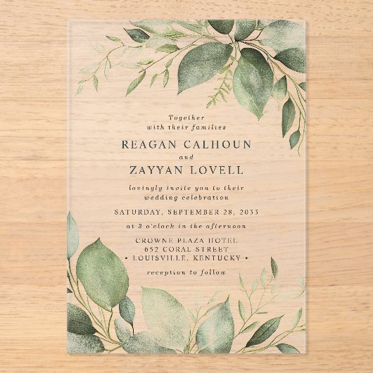 Elegante Eucalyptus laat moderne bruiloft Acryl Uitnodigingen (Voorkant)