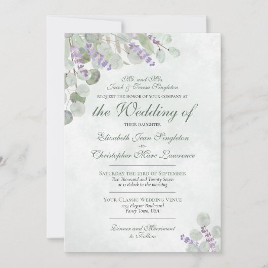 Elegante Eucalyptus & Lavendel formele bruiloft Kaart (Voorkant)