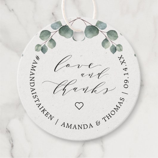 Elegante Eucalyptus Liefde & Bedankt Monogram Bedankjes Labels (Voorkant)