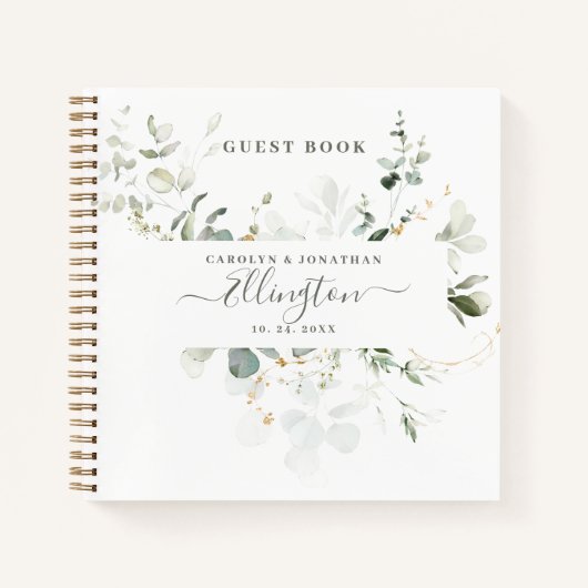 Elegante Eucalyptus Modern Script Foto Gastboek Notitieboek (Voorkant)