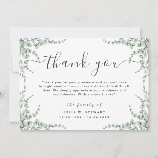 Elegante Eucalyptus Moderne begrafenis Dank u opme Kaart (Voorkant)
