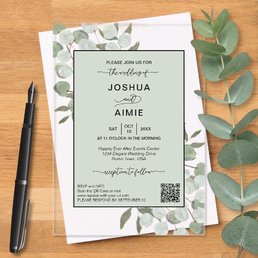 Elegante Eucalyptus moderne QR-code bruiloft Acryl Uitnodigingen