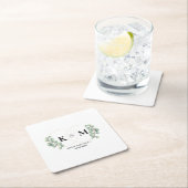 elegante eucalyptus monogram bruiloft kartonnen onderzetters (Insitu)