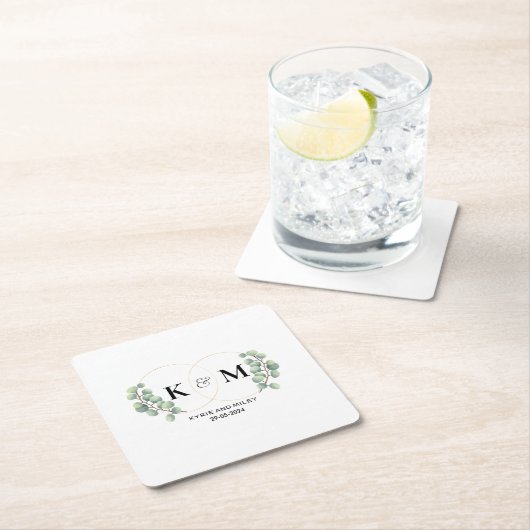elegante eucalyptus monogram bruiloft kartonnen onderzetters (Insitu)
