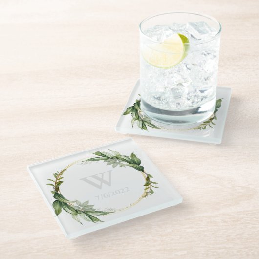 Elegante Eucalyptus Monogram Glas Onderzetter (Schuin)