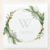 Elegante Eucalyptus Monogram Glas Onderzetter (Voorkant)