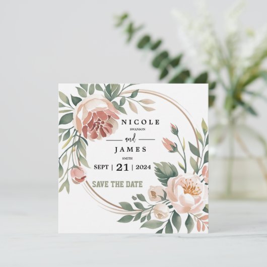 Elegante Eucalyptus Perzik Bloem Save The Date (Staand voorkant)