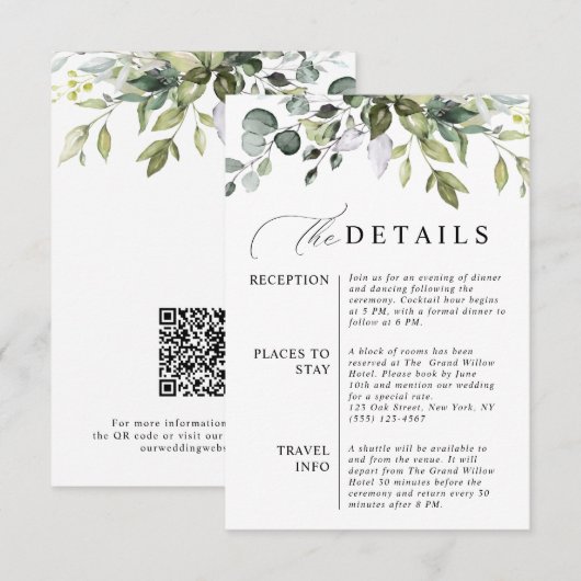 Elegante Eucalyptus QR Code Botanische Bruiloft Informatiekaartje (Voorkant / Achterkant)