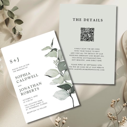 Elegante Eucalyptus QR Code Sage Wedding Kaart