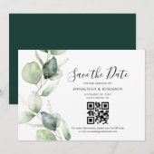 Elegante Eucalyptus QR Code Trouwkaart Save The Da Date (Voorkant / Achterkant)