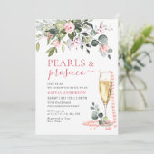 Elegante Eucalyptus Roze Bloemen PARELS & Prosecco Kaart (Staand voorkant)